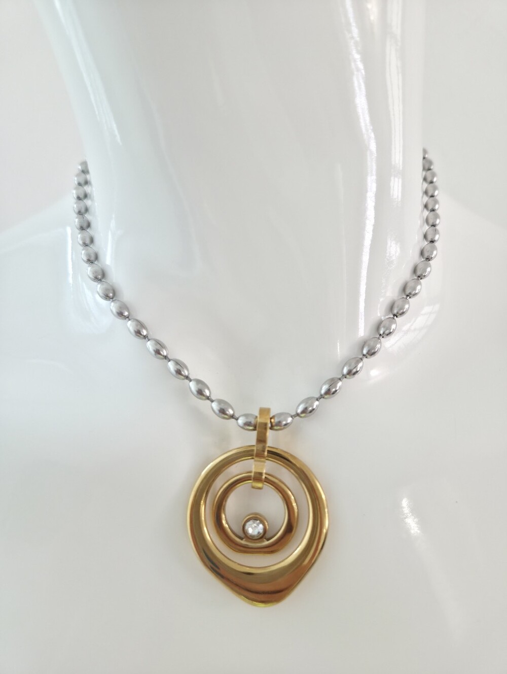 ​Gold & Silver Spiral Circle Pendant Necklace Clear Rhinestone - Picture 10 of 13